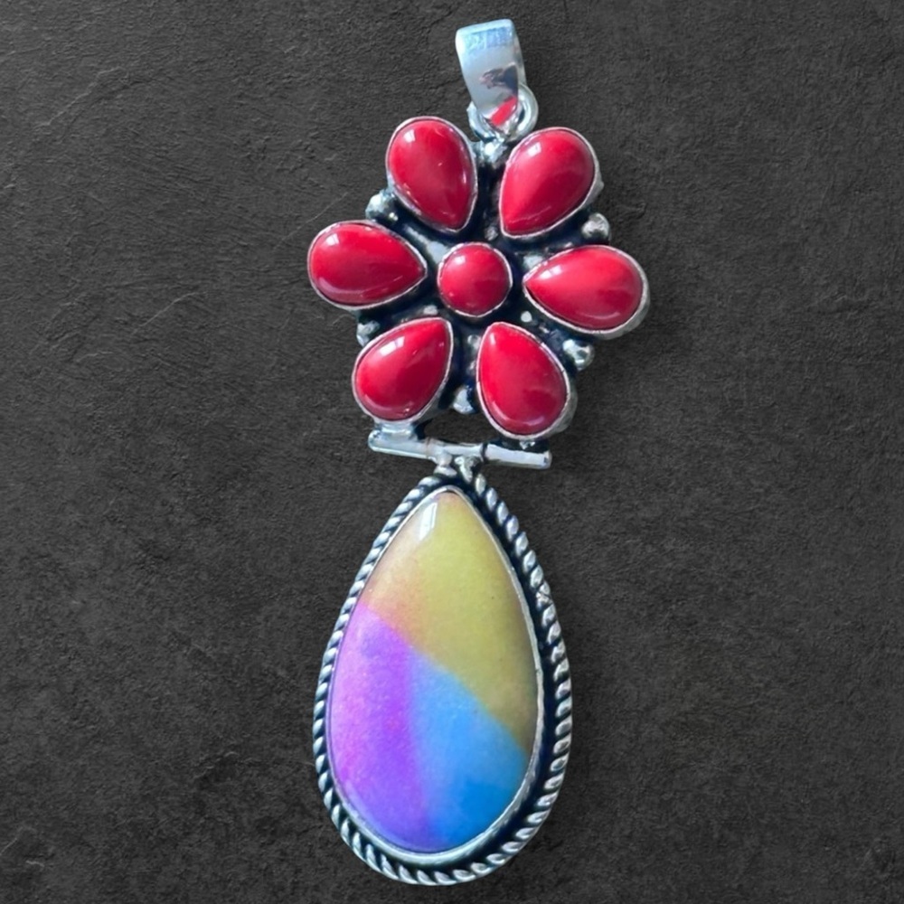 Artisan Jewelry Red Coral Floral Pendant with Multicolor Teardrop Handcrafted - Picture 3 of 15